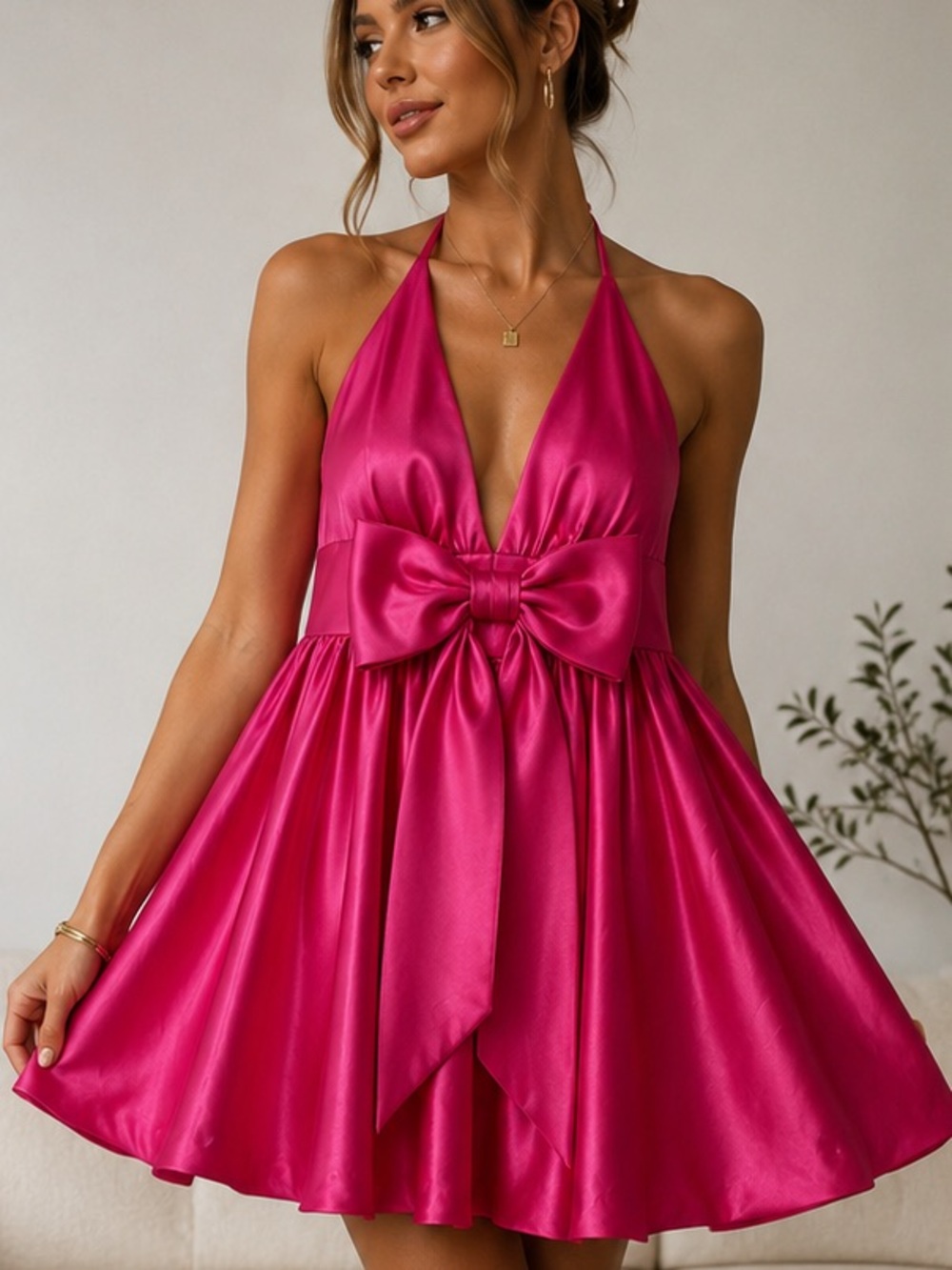 Jessica McClintock Hot Pink Satin Halter Bow Party Dress Size 4 Y2K